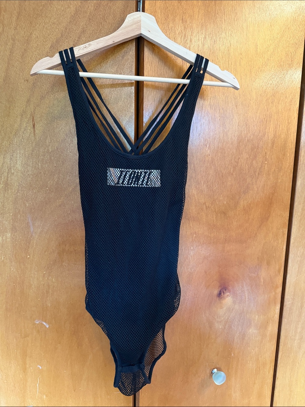 Black Mesh Strappy Bodysuit with Logo Patch